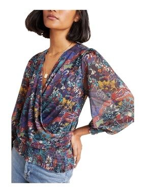 Anthropologie Ines Smocked Surplice Mesh Top Size XL Puff Sleeves Romantic Boho